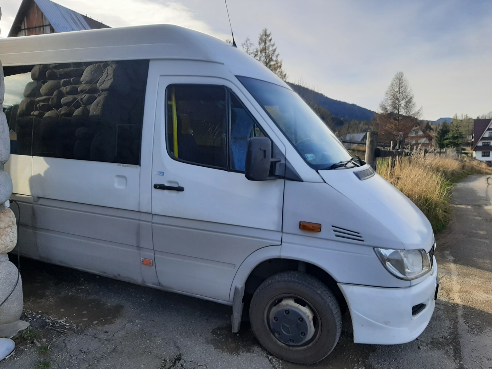 Nowoczesny bus Mercedes-Benz do przewozu osób na tle gór